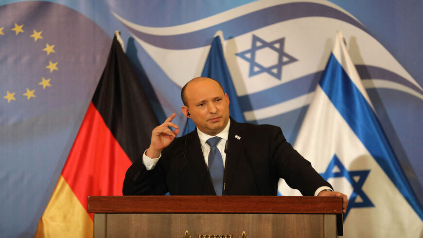 Israeli Prime Minister Naftali Bennett gives a joint press conference with German Chancellor Olaf Scholz, who said a new Iran nuclear agreement "cannot be postponed any longer," at the King David Hotel, Jerusalem, March 2, 2022.