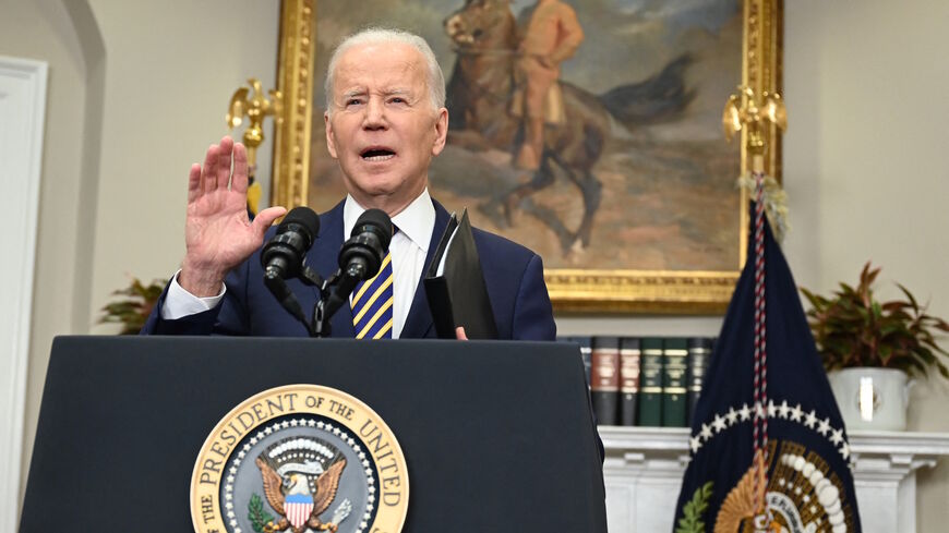 US President Joe Biden announces a ban on US imports of Russian oil and gas, March 8, 2022, from the Roosevelt Room of the White House in Washington, DC. 
