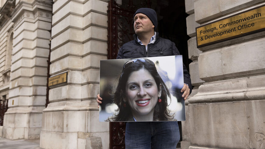 Richard Ratcliffe protests outside the Foreign Office while on hunger strike, part of an effort to lobby the UK foreign secretary to bring his wife home from detention in Iran, on Oct. 25, 2021 in London, England. 