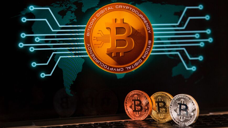 A visual representation of the digital cryptocurrency bitcoin, at the Bitcoin Change shop.