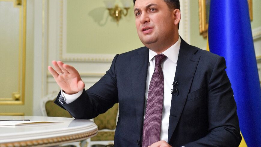 Then Ukrainian prime minister Volodymyr Groysman speaks to a journalist in May 2018