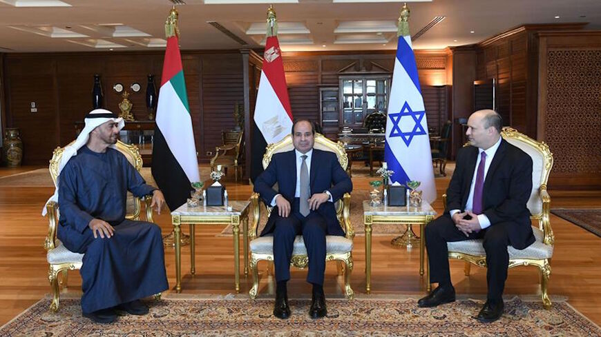 Egyptian President Abdel Fattah a-Sisi, Israeli Prime Minister Naftali Bennett and Emirati Crown Prince Mohammed bin Zayed meet in Sharm el-Sheikh, March 22 2022
