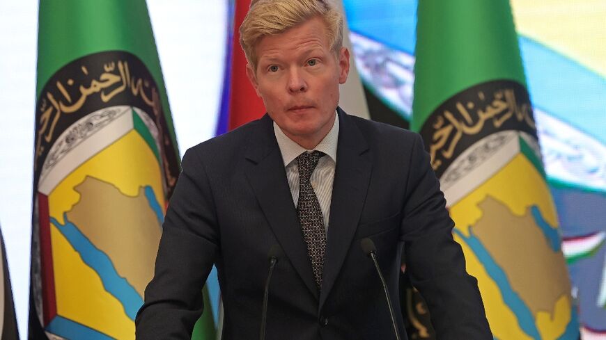 UN special envoy for Yemen Hans Grundberg speaks during a conference on Yemen's war hosted by the six-nation Gulf Cooperation Council in the Saudi capital Riyadh on March 30, 2022