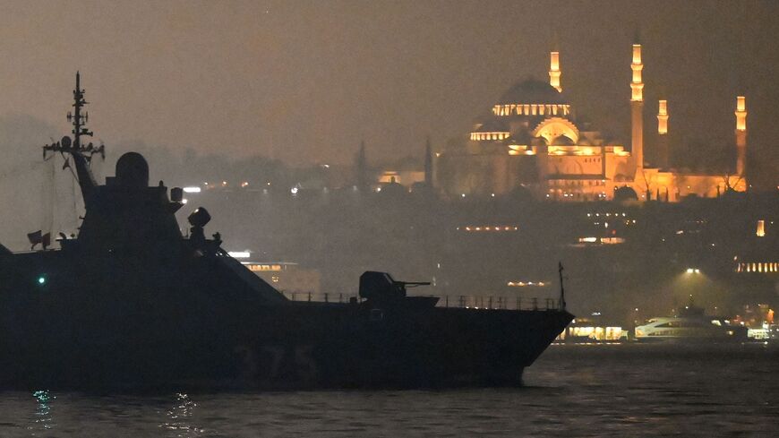 Russian Navy's Project 22160 Patrol Vessel Dmitriy Rogachev 375 sails through the Bosphorus Strait on the way to the Black Sea past the city Istanbul as Suleymaniye mosque is seen in the background on Feb. 16, 2022. 