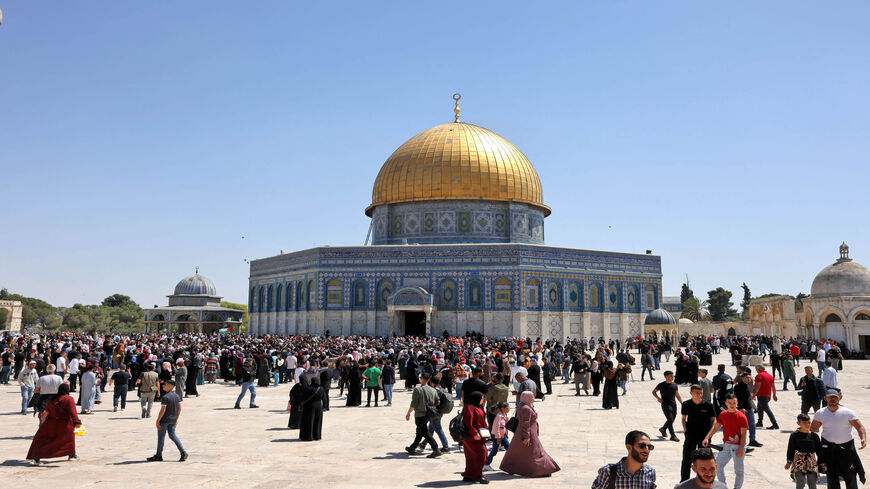 Palestinian Muslims gather at Al-Aqsa Mosque compound following Friday prayers during the holy month of Ramadan, Jerusalem, April 15, 2022.