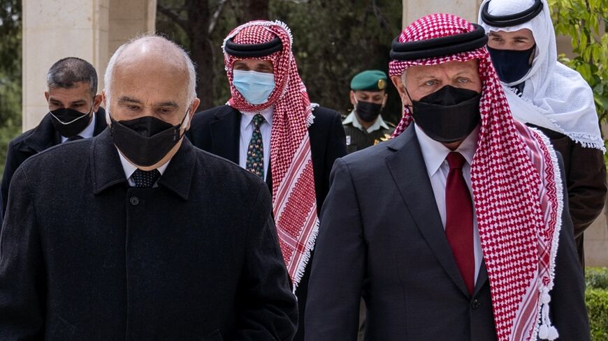 Jordan's King Abdullah II (R), ex-crown prince Hamzah (C) and their uncle Prince Hassan Bin Talal (L) arriving at the Raghadan Palace in Amman on April 11, 2021
