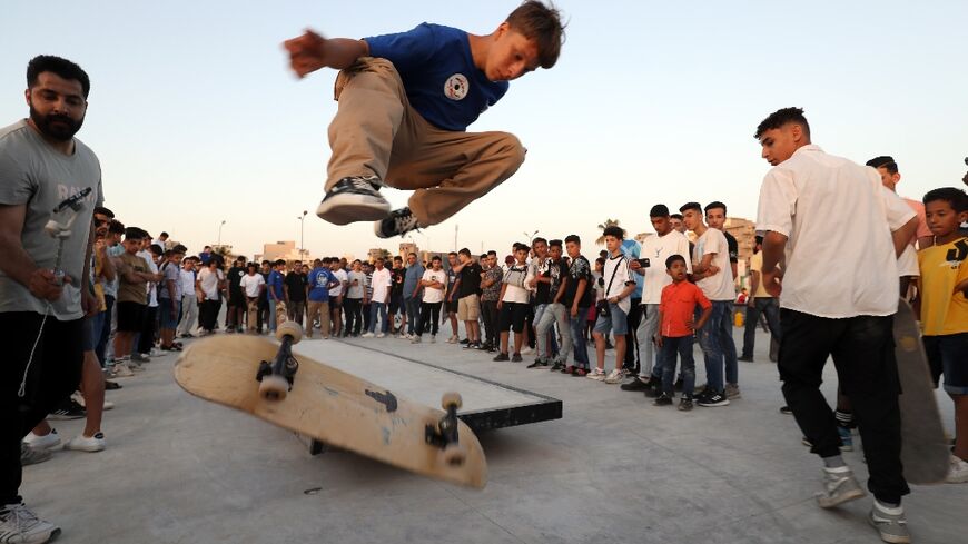 Skateboarders show off their skills during the inauguration of a skatepark, a first in Libya, in the capital Tripoli