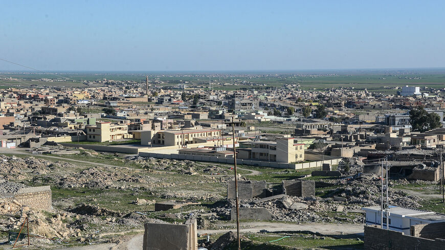 A picture taken on Feb. 4, 2019, shows a general view of damaged buildings in the northern Iraqi town of Sinjar. 