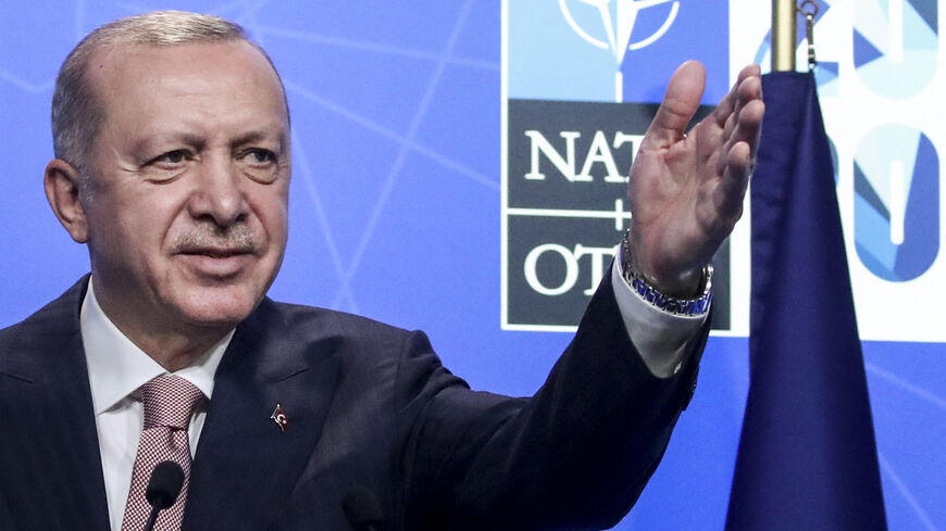 Turkey's President Recep Tayyip Erdogan gives a press conference after the NATO summit at the North Atlantic Treaty Organization (NATO) headquarters in Brussels on June 14, 2021. 