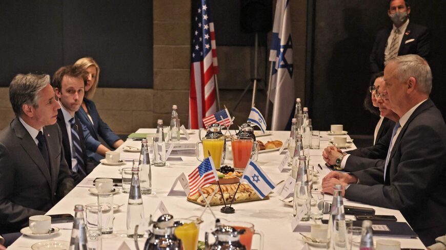 Israel's Defense Minister Benny Gantz (R) meets with US Secretary of State Antony Blinken.