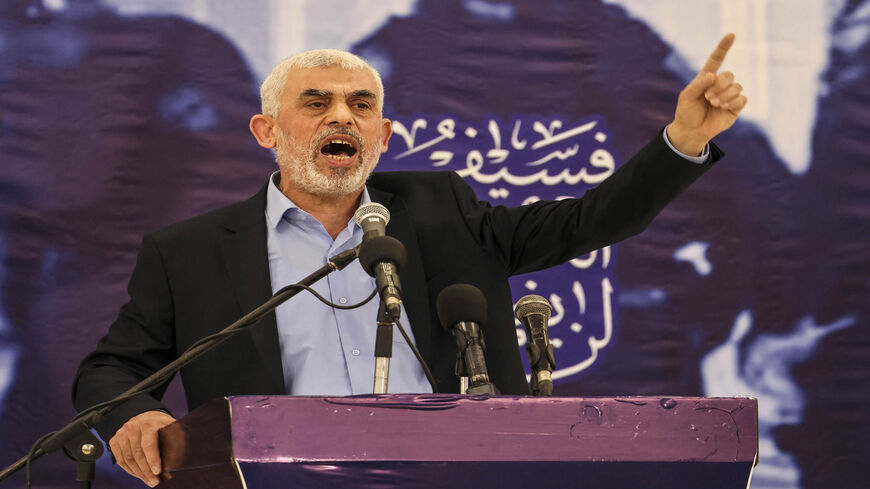 Yahya Sinwar, head of the political wing of Hamas in the Gaza Strip, speaks during a meeting in Gaza City, Gaza Strip, April 30, 2022.