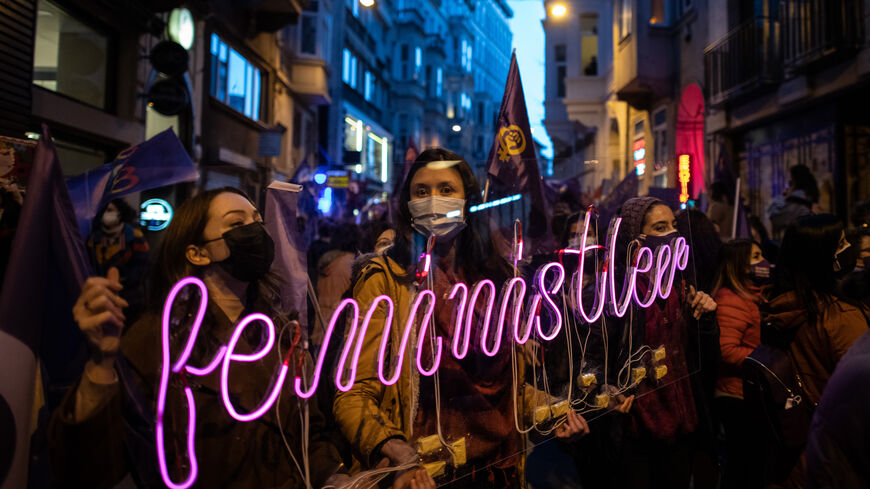 People chant slogans during a rally for International Women's Day on March 08, 2021 in Istanbul, Turkey.
