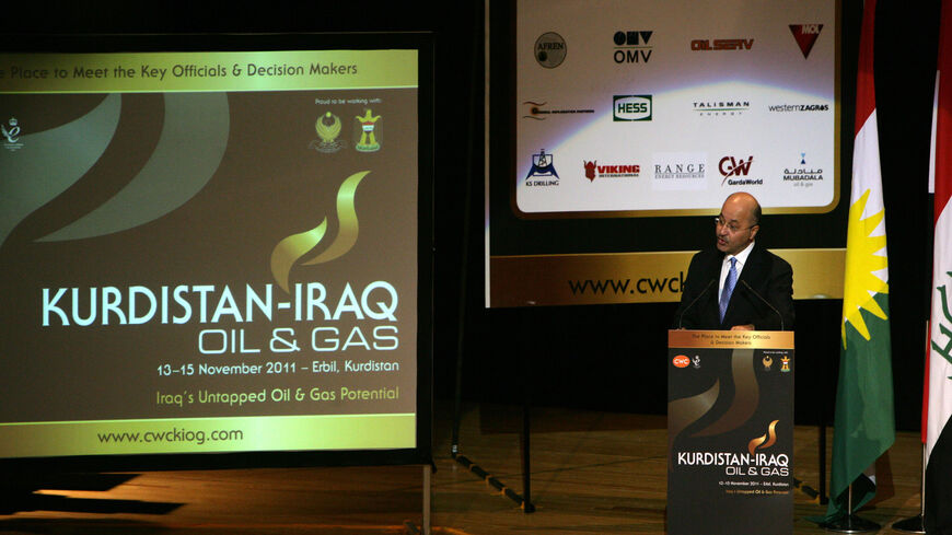 Barham Salih, prime minister of the Iraqi Kurdistan Region Government, speaks during a conference of Kurdistan-Iraq Oil and Gas forum, Erbil, Iraqi Kurdistan, Nov. 13, 2011.