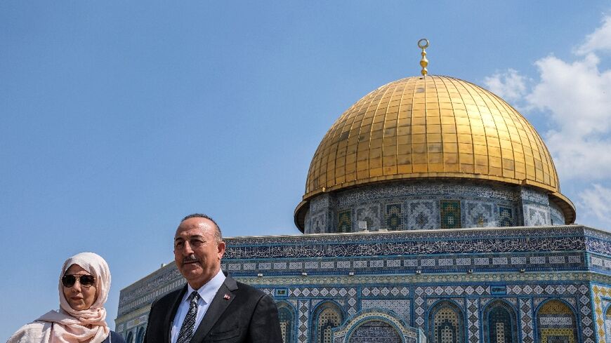 Turkish Foreign Minister Mevlut Cavusoglu and his wife Hulya visit the Al-Aqsa mosque compound in the Old City of Jerusalem