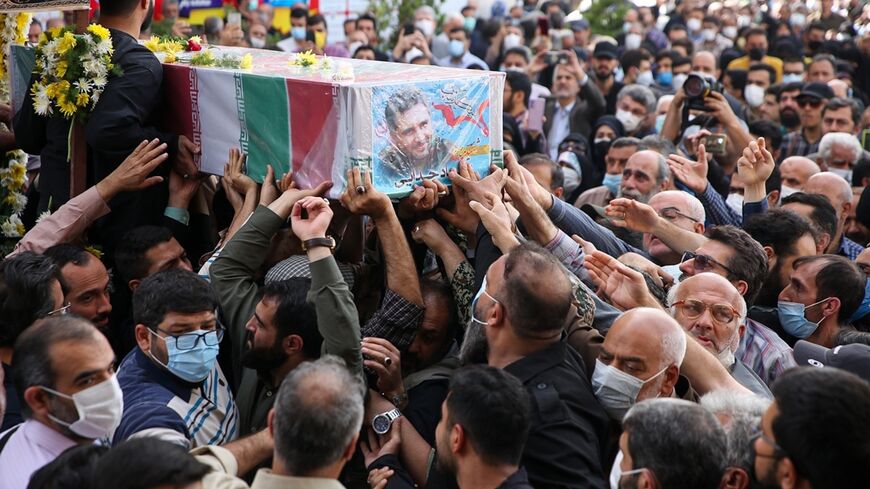 Mourners at the funeral of Quds Force Col. Hassan Sayyad Khodaee in Tehran, May 24, 2022.