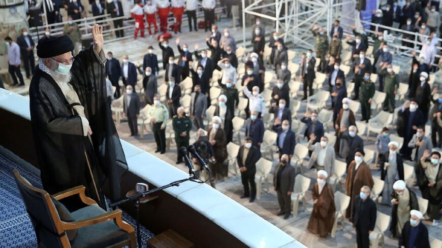 Iran's supreme leader Ayatollah Ali Khamenei delivers a speech during a ceremony marking the death anniversary of his predecessor Ayatollah Ruhollah Khomeini, who founded the Islamic republic