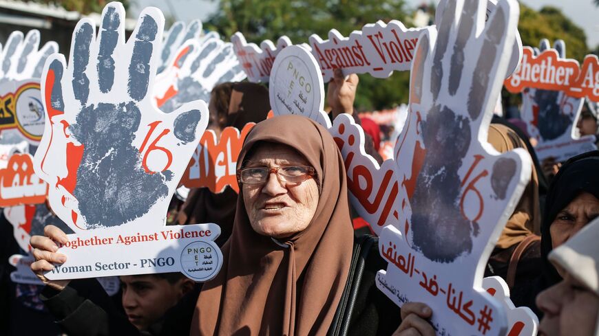 Palestinian women take part in a rally in Gaza City.