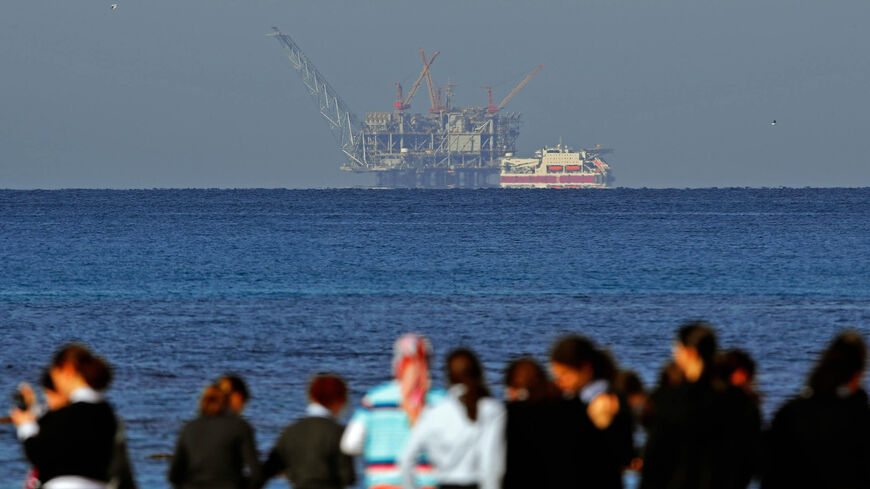 A view of the platform of the Leviathan natural gas field in the Mediterranean Sea is pictured from the northern coastal city of Caesarea, Israel, Dec. 19, 2019.