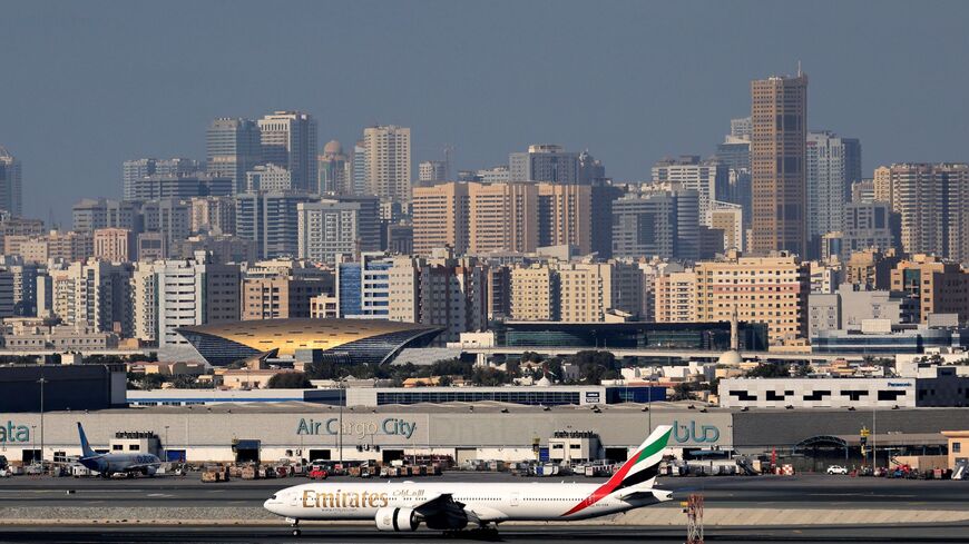 A picture shows an Emirates Airlines airplane at Dubai International Airport on Feb. 1, 2021.