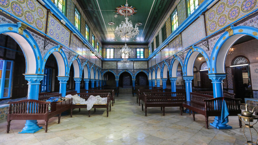This photo shows the interior of El-Ghriba synagogue, the oldest Jewish monument built in Africa, on the first day of the annual pilgrimage, Djerba island, Tunisia, April 26, 2021.