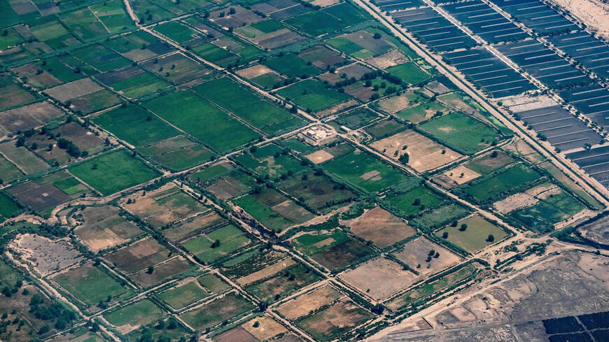 This picture shows an aerial view of farmland near the city of al-Khankah in Qalyoubiyah province in the fertile Nile Delta agricultural region, north of Cairo, Egypt, May 28, 2021.