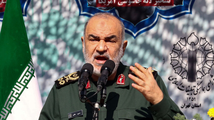 Head of the Iranian Revolutionary Guard Corps Hossein Salami delivers a speech.