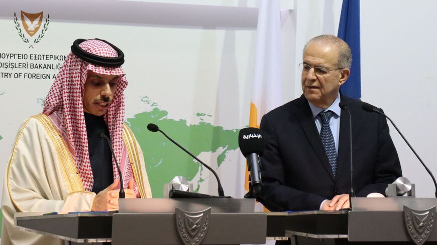 Cyprus' Foreign Minister Ioannis Kasoulides (R) holds a joint press conference with his Saudi counterpart Prince Faisal bin Farhan al-Saud.