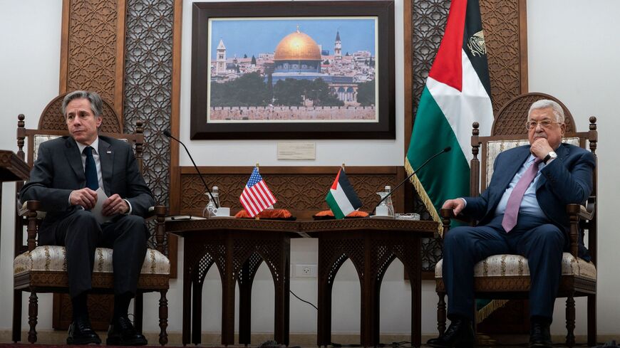 US Secretary of State Antony Blinken, left, meets with Palestinian leader Mahmoud Abbas.