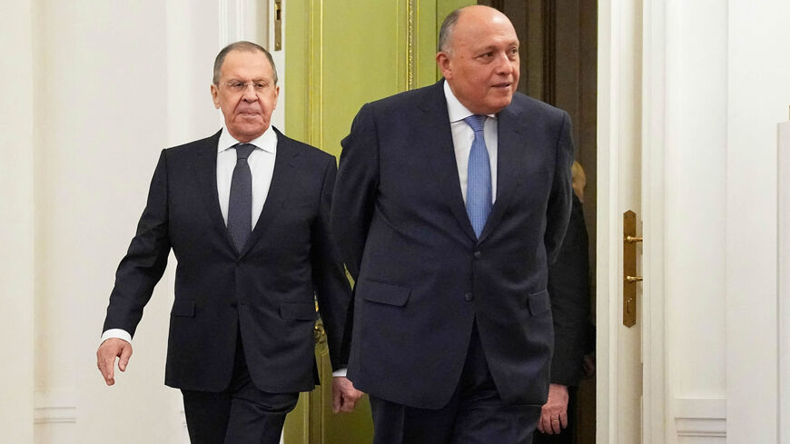 Russian Foreign Minister Sergey Lavrov (L) and Egyptian Foreign Minister Sameh Shoukry walk prior to talks of representatives of the Arab League states, Moscow, Russia, April 4, 2022.