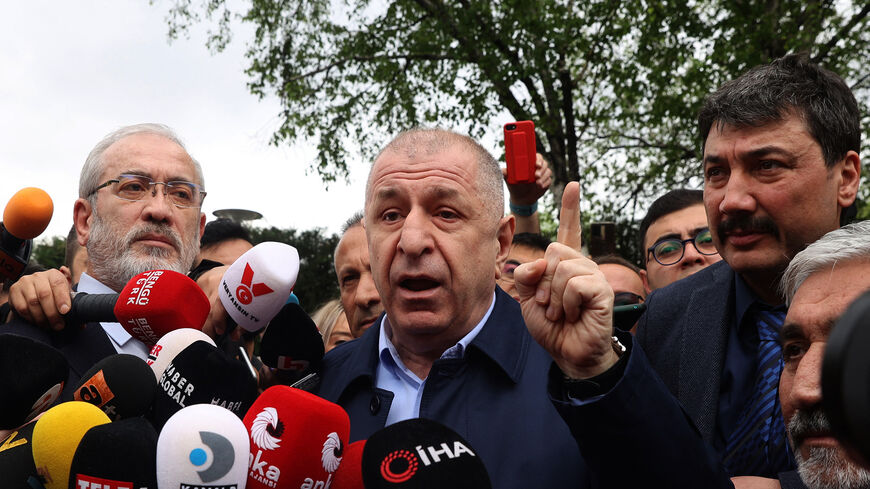 Umit Ozdag, leader of the nationalist Victory Party, gestures as he speaks to the media after police blocked his attempt to challenge the Turkish interior minister to a public face-off, in front of the Ministry of the Interior, Ankara, Turkey, May 6, 2022.