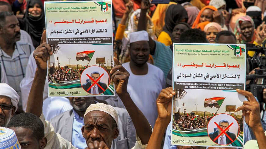 People gather for a protest outside the UN mission in Sudan's capital Khartoum on June 1, 2022. 