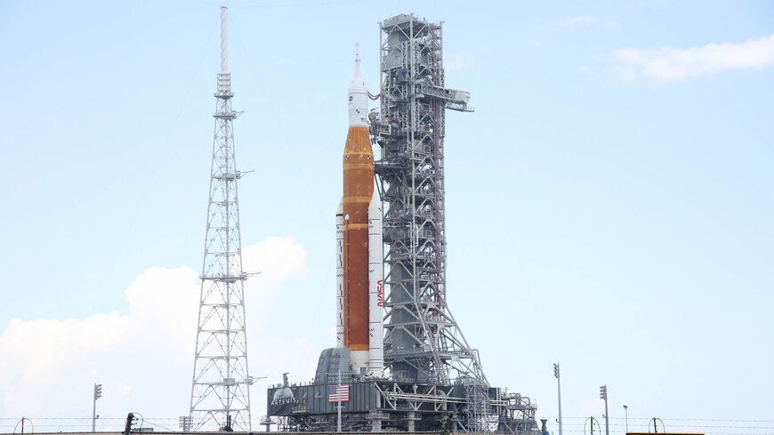 A view of the massive Artemis I Space Launch System rocket and Orion spacecraft at Launch Pad 39B after rolling out from the Vehicle Assembly Building for a second time at the Kennedy Space Center in Florida, United States, June 6, 2022.