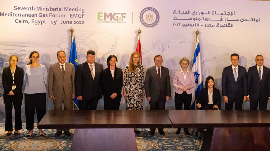 European Commission President Ursula von der Leyen (4th-R) poses for a group photo with the EU Commissioner for Energy Kadri Simson (6th-R), Egypt's Minister of Petroleum Tarek el-Mulla (5th-R), Israeli Minister of Energy Karine Elharrar (3rd-R) and other officials during the signing ceremony of a trilateral natural gas deal during the ministerial meeting of the East Mediterranean Gas Forum, Cairo, Egypt, June 15, 2022.
