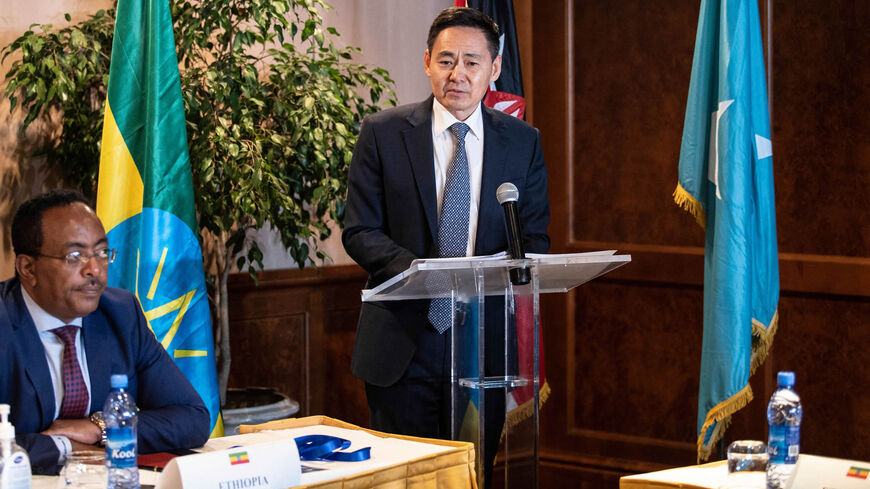 Xue Bing (C), China's special envoy to the Horn of Africa, speaks as Redwan Hussein, national security adviser to the prime minister of Ethiopia looks on during the first Horn of Africa peace conference, Addis Ababa, Ethiopia, June 20, 2022.