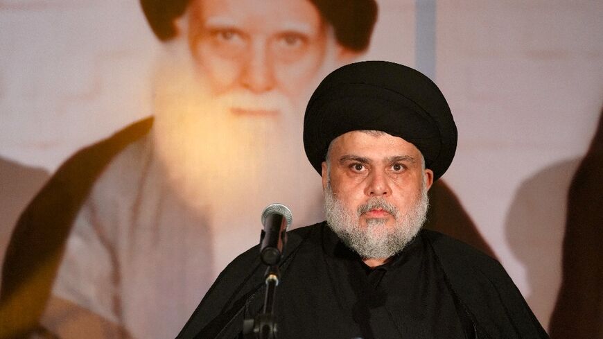 Iraqi Shiite cleric Moqtada Sadr delivers a speech in the central city of Najaf on June 3, 2022 during a ceremony marking the death anniversary of his father Grand Ayatollah Mohammed Sadeq al-Sadr