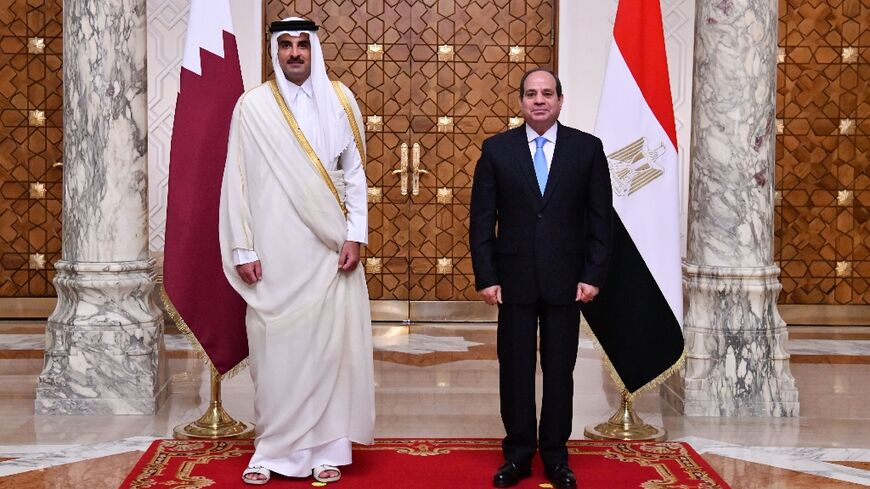 Egyptian President Abdel Fattah al-Sisi (R) receives the Emir of Qatar Sheikh Tamim bin Hamad Al-Thani at the presidential palace in the capital Cairo