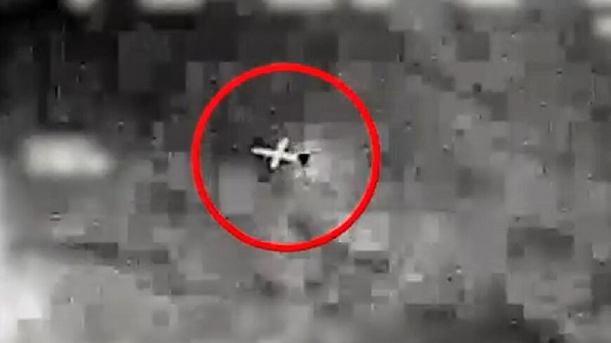 This image grab from a video released by the Israeli army spokesperson's unit on July 2, 2022, reportedly shows a drone launched by Lebanon's Hezbollah movement that was headed towards an offshore gas field in the Mediterranean