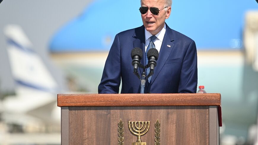US President Joe Biden addresses his Israeli hosts at Ben Gurion Airport near Tel Aviv, kicking off his first Middle East tour since entering the White House
