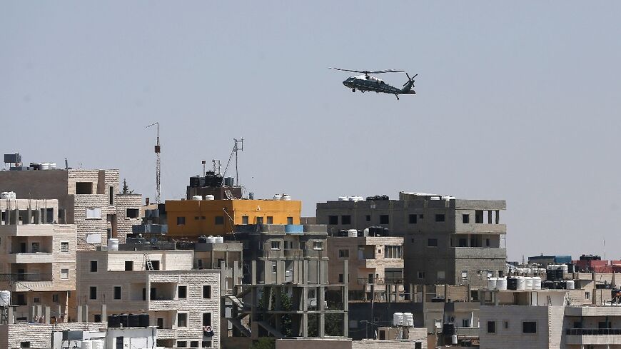 The US president's helicopter, Marine One, flies above Bethlehem in the occupied West Bank