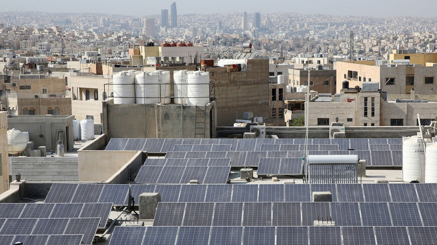 A view of the Hamdan al-Qara mosque in southern Amman, equipped with 140 solar panels on its roof.