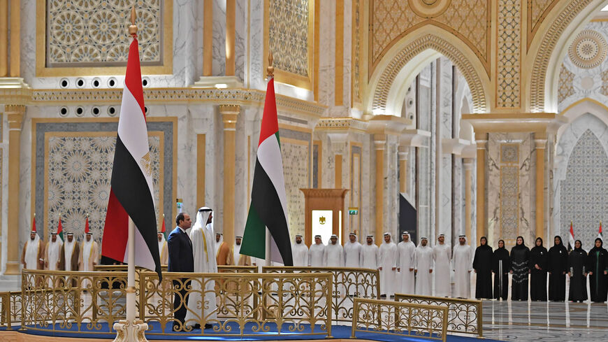 Egyptian President Abdel Fattah al-Sisi and Crown Prince of Abu Dhabi Sheikh Mohammed bin Zayed Al Nahyan attend a welcome ceremony at Al-Watan presidential palace, Abu Dhabi, United Arab Emirates, Nov. 14, 2019.