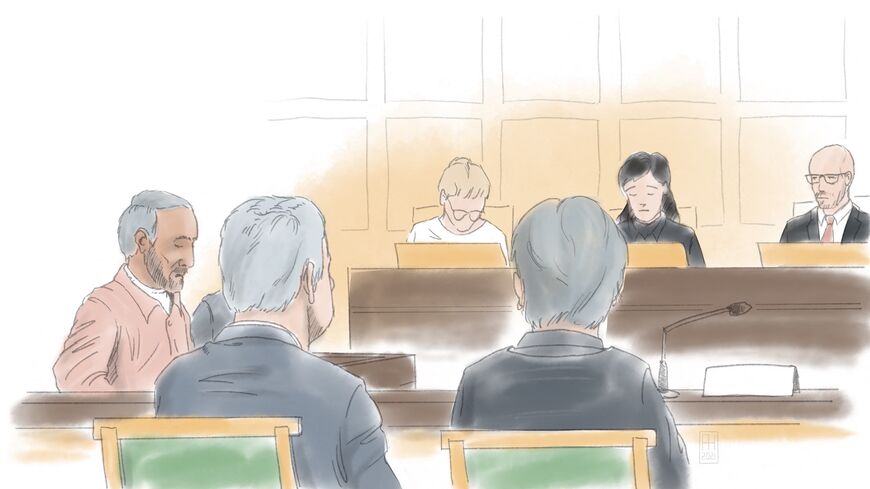 sketch of Iranian official Hamid Noury's trial in Sweden