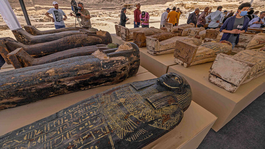 Sarcophaguses found in a cache dating to the Egyptian Late Period (around the fifth century B.C.) are displayed after their discovery by a mission headed by the Supreme Council of Antiquities, at the Bubastian cemetery at the Saqqara necropolis, southwest of Cairo, Egypt, May 30, 2022.