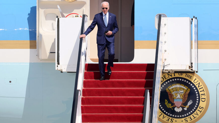 US President Joe Biden disembarks from his plane upon landing at Ben Gurion Airport,