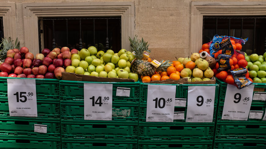 Price tags are seen on a market shelf of fresh fruit and vegetables on May 05, 2022, in Istanbul, Turkey.
