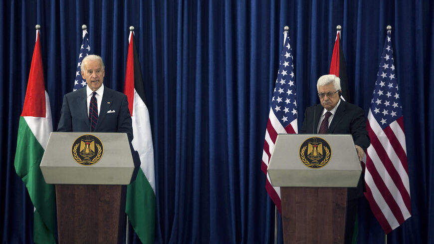 US Vice President Joe Biden (L) holds a joint press conference with Palestinian President Mahmoud Abbas after their meeting at the presidential compound, Ramallah, West Bank, March 10, 2010.