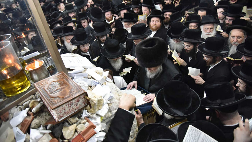 The Beltz rabbi with his followers at Yeshiva Hall, Jerusalem, May 2022.