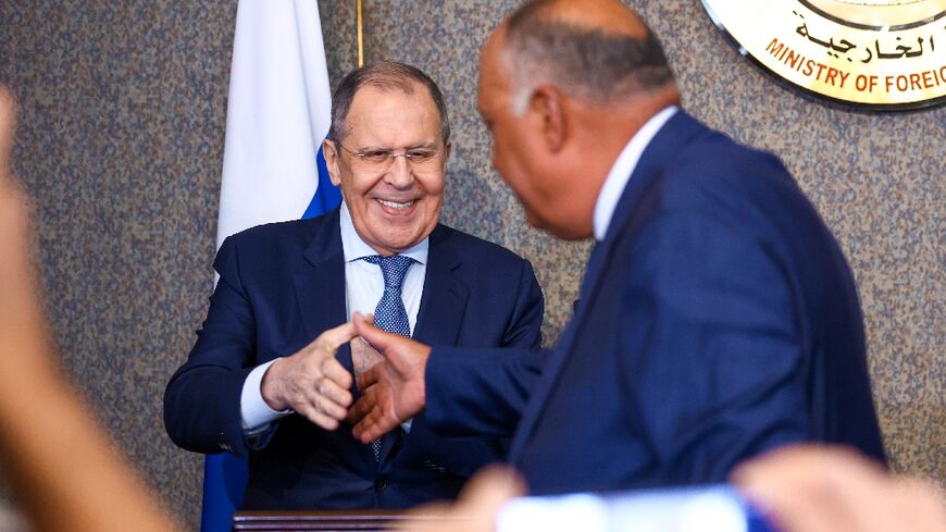 Russian Foreign Minister Sergei Lavrov is greeted by Egyptian counterpart Sameh Shoukry on the first leg of an African tour focused on reassuring customers of Russian grain that their needs will be met