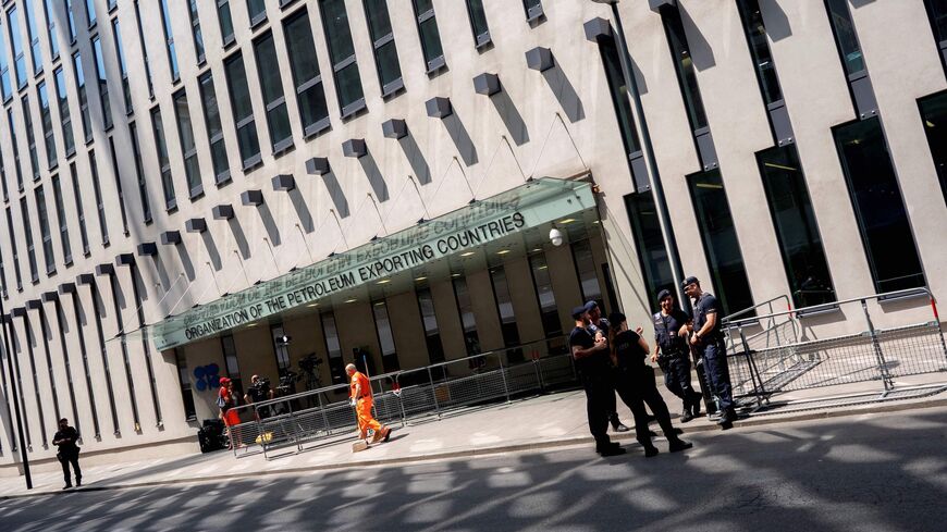 Austrian policemen guard the entrance of the Organization of the Petroleum Exporting Countries (OPEC) headquarters during the 176th meeting of the OPEC conference and the 6th meeting of the OPEC and non-OPEC countries on July 1, 2019 in Vienna, Austria. (Photo by JOE KLAMAR / AFP) (Photo by JOE KLAMAR/AFP via Getty Images)