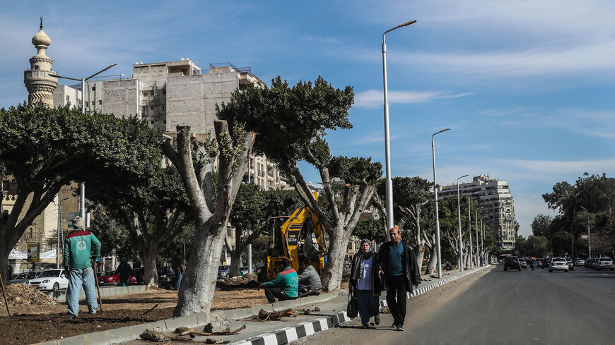 Partially cut-off trees are seen in a street in Heliopolis, Cairo, Egypt, Jan. 27, 2020.